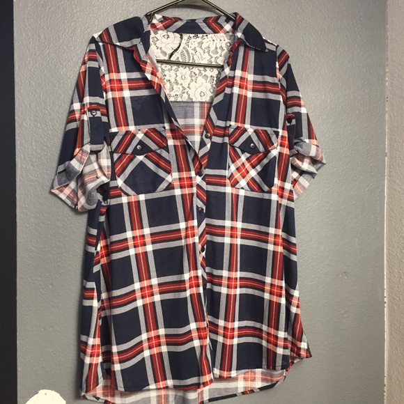 R & R Tops - Short Sleeved Plaid Top W/ Lace Detail - 1X